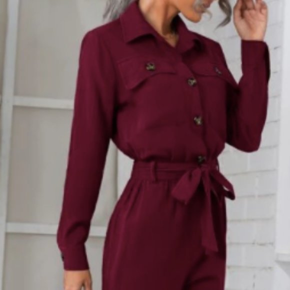 SHEIN Flap Pocket Belted Shirt Burgundy Jumpsuit NWOT